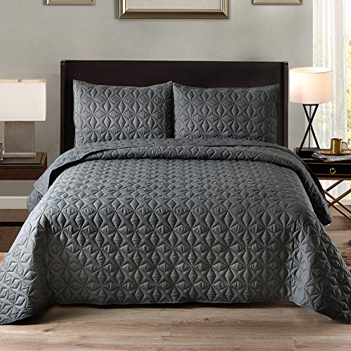 Exclusivo Mezcla 3-Piece King Size Quilt Set with Pillow Shams, as Bedspread/Coverlet/Bed Cover(Rhombus Steel Grey) - Soft, Lightweight, Reversible& Hypoallergenic - Thumbnail 2