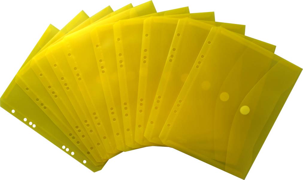 EXXO by HFP 35053 Document Wallets A5 Landscape Transparent Yellow Document Folder for Filing with European Holes, Filing Edge, Flap and Velcro Fastener - Pack of 10