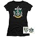 PopFunk Classic Harry Potter Slytherin Logo Teen Juniors Womens Premium Cotton Cap Sleeve Graphic T-Shirt & Stickers (Small)