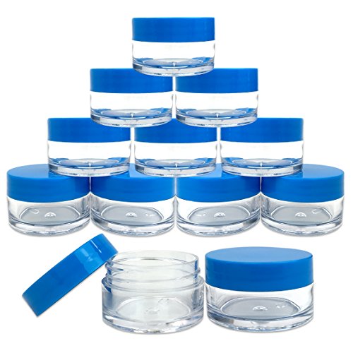 Beauticom 12 Pieces 20G/20ML Round Clear Jars with Blue Lids for Jams, Honey, Cooking Oils, Herbs and Spices - BPA Free