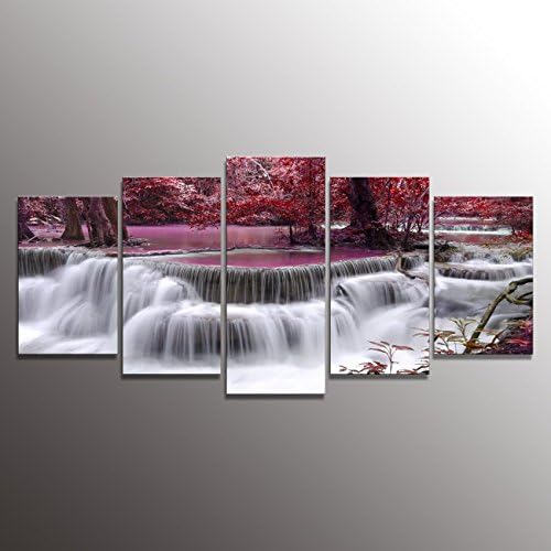 Kx00202 Canvas Print for Living Room Decoration, Framed, Stretched , 5 Panels Red Dreamlike Waterfall Painting Wall Art Picture Print on Canvas- High Definition Modern Home D¨¦cor