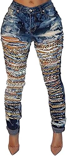 Lovits Women's High Waist Distressed Hip Hop Skinny Denim Ripped Boyfriend Jeans Stretch Pants Medium Blue