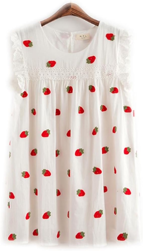 Amazon Co Jp Lifestr ライフスター デコルテレース 袖フリル いちご柄ワンピース 森ガール ぽっちゃり マタニティ 大きいサイズにも オリジナルエコバッグセット 服 ファッション小物
