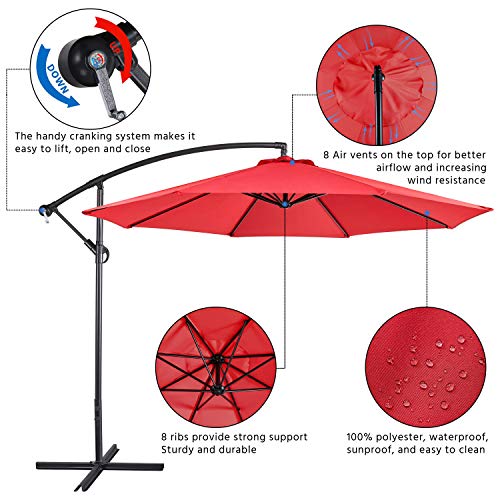 Yaheetech 10FT Patio Offset Umbrella Cantilever Hanging Outdoor Umbrellas w/UV Protection & 8