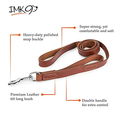 Leather Dog Leash â€“ 6 ft Big Dog Training Leash - Double Handle Best for Pulling Medium and Large Pets â€“ 6 Foot Long Heavy Duty Leather Lead - IMK9 Brown
