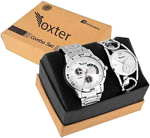 Foxter Set of 2 Addictive Silver Analogue Couple Watch for Men and Women