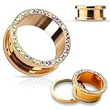 Rose Gold Plated Aurora Borealis Crystals Screw Fit Tunnels, Ear Plugs Gauges - 13 Sizes Available - Sold As Pair