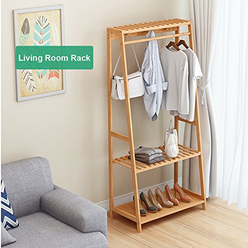 Ufine Bamboo Clothes Rack Heavy Duty Garment Rack Coat Hanging Stand with 6 Hooks, 3 Tier
