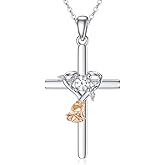 OCJ Rose Cross Necklace 925 Sterling Silver Birthstone Heart Cross Pendant Necklace Religious Jewelry for Women Her Daughter Wife Mom Anniversary Christmas Birthday Gifts