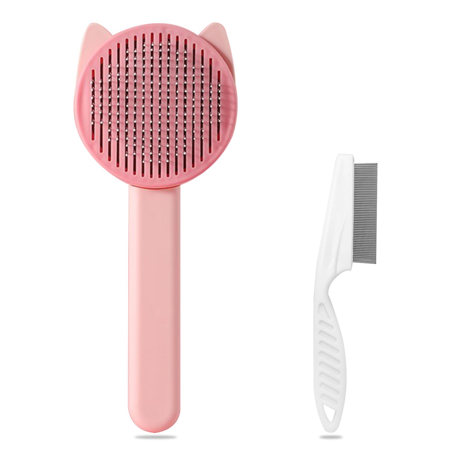 1 Pet Comb With 1 Flea Comb, Fine Teeth Pet Grooming Brush, Pet Hair Remover, Massage Brush, Suitable For Pet Grooming (Pink)
