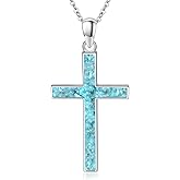 Twoowl Silver Cross Necklace for Women 925 Sterling Silver Crushed Turquoise/Malachite/Black Onyx Pendant Necklace Christian Religious Jewelry Confirmation Gifts for Girls Men Boys