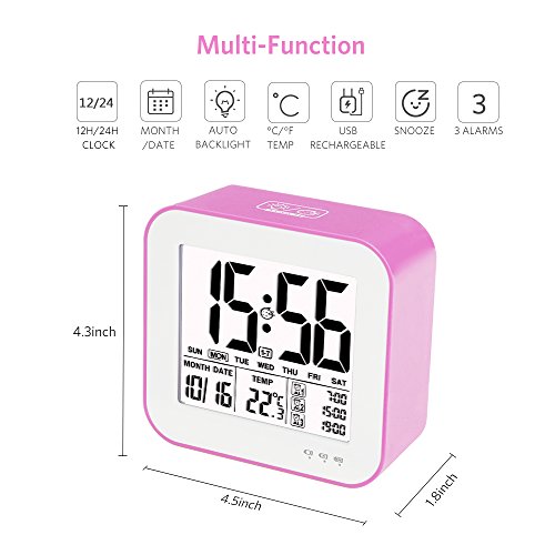 Tsumbay Digital Alarm Clock, USB Rechargeable 3 Separate Alarm Digital Clock Backlight Large Screen Display Temperature Calender Ideal for Home Office - Pink - Thumbnail 3