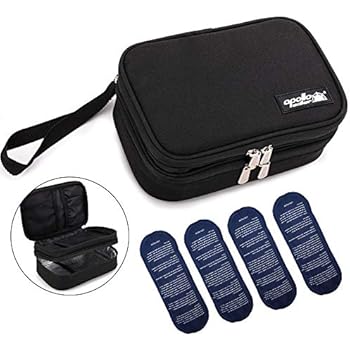 apollo walker Insulin Cooler Travel Case Medication Cooler Diabetic Organizer for Insulin Pens, Glucose Meter,Diabetic Testing Kit and Other Supplies with 4 Ice Packs(Black,Double Compartment)