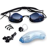 Swimming Goggles,Anti-Fog No-Leak UV Protection Racing Swim Goggles with 4 Interchangeable Nose Pieces+Case+Nose Clip+Ear Plugs,by Mooker (Black&Blue)
