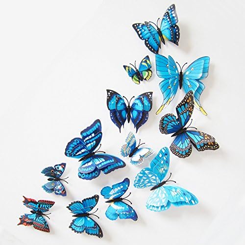 Tomatoa 12 Pcs Creative Butterfly Shape Sticker,Blue Butterfly DIY Removable Wall Decals for Home Living Room Bedroom Decoration