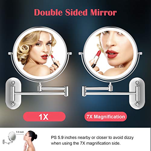 Rechargeable Lighted Wall Makeup Mirror, 2Sided 1X 7X Magnifying, 8