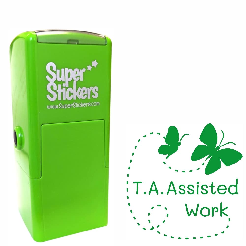 Superstickers Teacher Stamp - Education Marking Stamp - Reward Stamps for School - T.A. Assisted Work Butterflies - Impression Size Approx. 23x23 mm - Green Ink