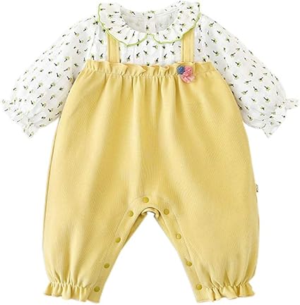 Amazon ベビー服 長袖ロンパース春秋重ね着風新生児フェイクレイヤード カバーオール 赤ちゃん 女の子出産準備贈り物花柄イエロー6m ロンパース カバーオール ベビー マタニティ 通販