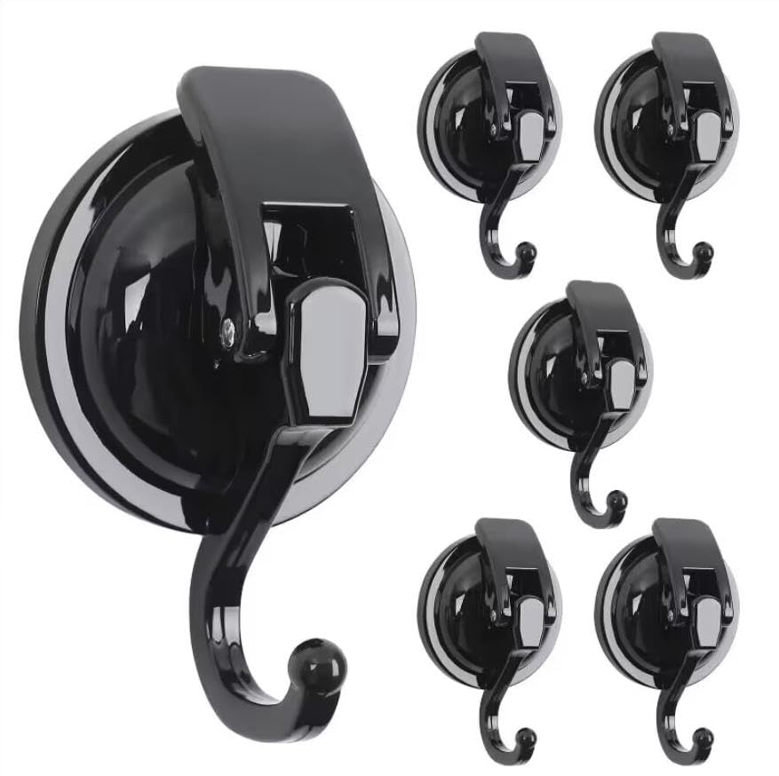 MaxEarn 6Pcs Suction Hooks, Black Extra Strong Vacuum Suction Cup Hooks, No Drilling Heavy Duty Wall Hook Loadable 5kg for Bathroom Kitchen Smooth Window Wall Glass