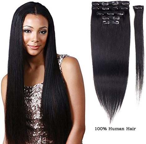 Clip in Hair Extensions 100% Real Human Hair Double Weft Thick to Ends Jet Black(#1) 7pieces 100grams/3.53oz (18"-20'')