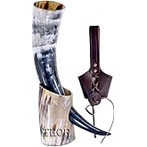 Viking Drinking Horn Mug with Beer Stand/Genuine Leather Belt/Vintage Natural Finished/Authentic Medieval Gift Rustic Vintage Home Decor Gifts