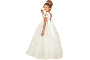JISISANG Flower Girls Lace Cap Sleeve Dress for Wedding Puffy Tulle Back V-Neck Pageant Prom Ball Gown with Bow