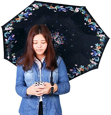 Umbrella C-shaped handle Windproof Reverse Folding Double Layer Inverted Umbrella Double Reverse umbrella and Self Standing Inside Out Rain Protection Umbrella (Purple) (Lace)