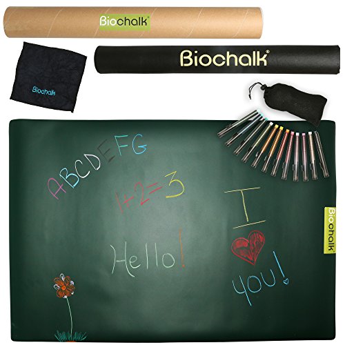 Biochalk Doodle Mat Set –Completely Dustless, Non-Toxic and Chemical Free Chalk –Includes Portable Chalkboard Mat,12 Chalk Pens and Cleaning Cloth