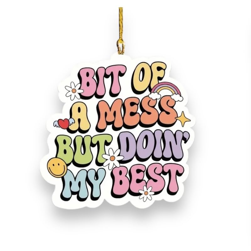 Hanging Wall Sign, 'A Bit Of A Mess But Doin' My Best', Funny Gift, 8x8 cm, gift idea for friends or family