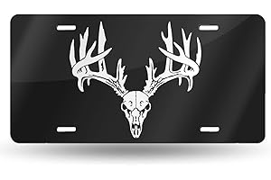 HANGWWZQ Deer Buck Antlers Skull Hunting Front License Plate Aluminum Decorative License Plates Funny Metal Car Plate 6"X12" Novelty Vanity Tag Cover with 4 Holes Car Decor Accessory