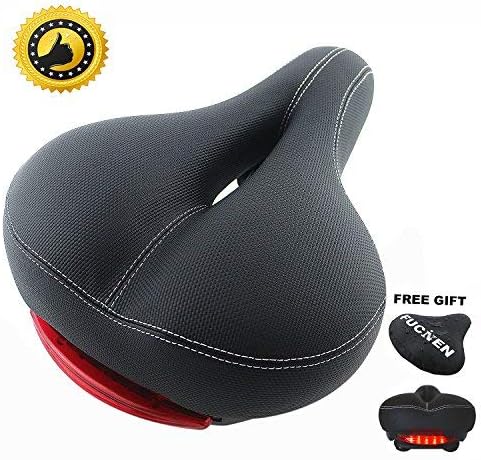 FUCNEN Comfortable Bike Saddle Seat for Biker Men Women Safety Fit Most Bikes Wide Soft Padded Comfort Seat for Bikes Big Bum Bicycle Saddle with Tail Light for Mountain bikes Nice Gift (White)