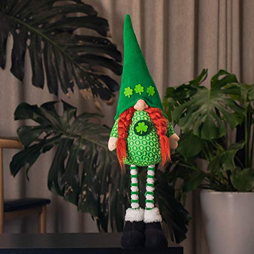 GMOEGEFT Handmade St Patrick's Day Gnome Irish Leprechaun, Green Plush Figurine with Braids, Table Ornament Holiday Home Decoration Gift (Tall Standing Girl)