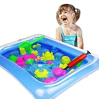 Zuzu Boom Play Sand and Sand Molds Kit - Including Moon Sand 2LB(Blue) Inflatable Tray, Storage Box, 50 Pieces Magic Sand Molds - Deluxe Castle Set (Blue