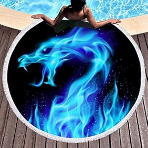 Feyart 3D Blue Flame Dragon Beach Towel Blanket with Fringe Roundie Mat with Tassels for Travel Swimming Yoga Camping Picnic, Black and Blue 60” Children Adult Suitable