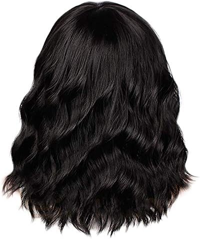 Timagebreze Short Water Wave Hair Bob Curly Wig Synthetic Short Black Wig with Bangs Natural Heat Resistant Fiber Hair for Women 14Inch