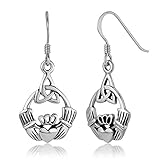 925 Sterling Silver Open Claddagh Friendship and Love Triangle Celtic Knot Dangle Hook Earrings 1.3
