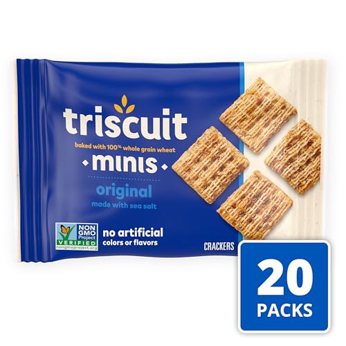 TRISCUIT MINIS ORIGINAL WHOLE GRAIN WHEAT CRACKERS, VEGAN CRACKERS, BULK LUNCH SNACKS, 20 SNACK PACKS