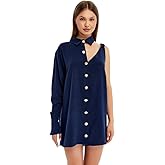 Atelier Muguet Asymmetrical One Shoulder Long Sleeve Mini Dress, Navy Blue, Button Front