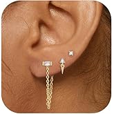 FANZE 14K Gold Plated Chain Earrings Set for women Cubic Zircon Stud Earring Hypoallergenic for Multiple Piercing Dainty Jewelry Gift