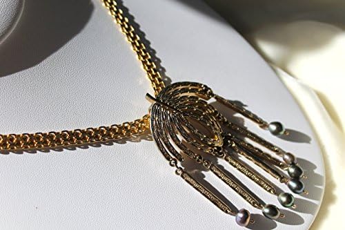 Costume jewelry from 1060s signed Sarah Coventry Egyptian Revival necklace with Tahitian baroque black pearls