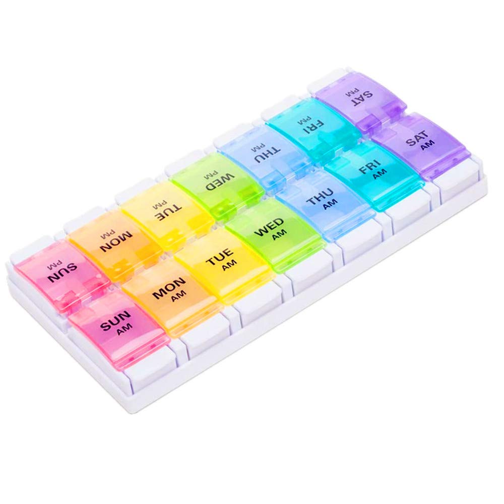 Pill Box Organiser 7 Day 14 Day Weekly, REOOHOUSE Pill Case for Vitamin Capsule Supplements, Large Comparment Press Open (multicolor14)