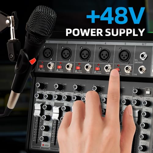 Depusheng Professional Audio Mixer, 4 Channel Audio Mixer System, 16-Bit DSP-DJ Bluetooth Mixer + 48V Phantom Effect for Karaoke Streaming Recording (XT7 EU)
