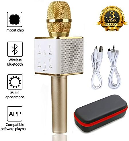 Mic 3-in-1 Bluetooth Magic Karaoke Machine Wireless Microphones Handheld Speaker For Apple iPhone Android Smartphone PC Music Playing Singing Home KTV (Q7 Gold)