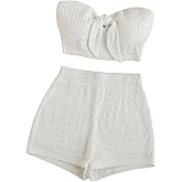 SOLY HUX Women's Summer 2 Piece Outfit Strapless Crop Tube Top and Shorts Set Beach Vacation Outfits
