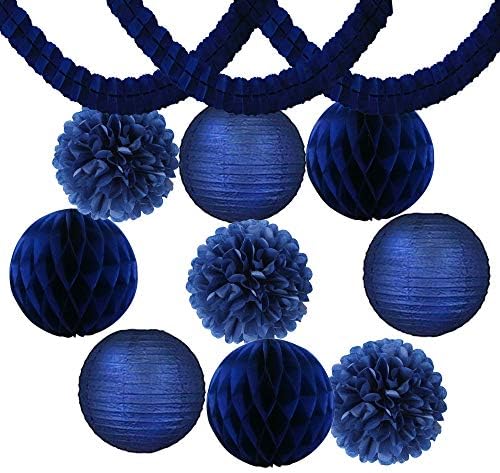 12PCS Nautical Party Decor Set Tissue Paper Pom Pom + Streamers Garland + Paper Lantern Navy Blue Themed Wedding Decorations Birthday Party Decorations Girl Baby Shower Bridal Shower Nursery Decor