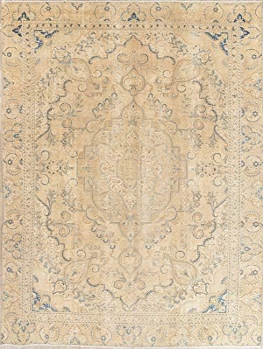 Tabriz Persian Handmade Wool Vintage Oriental Distressed Traditional Area Rug 9x12 Beige (12' 0" X 8' 7")