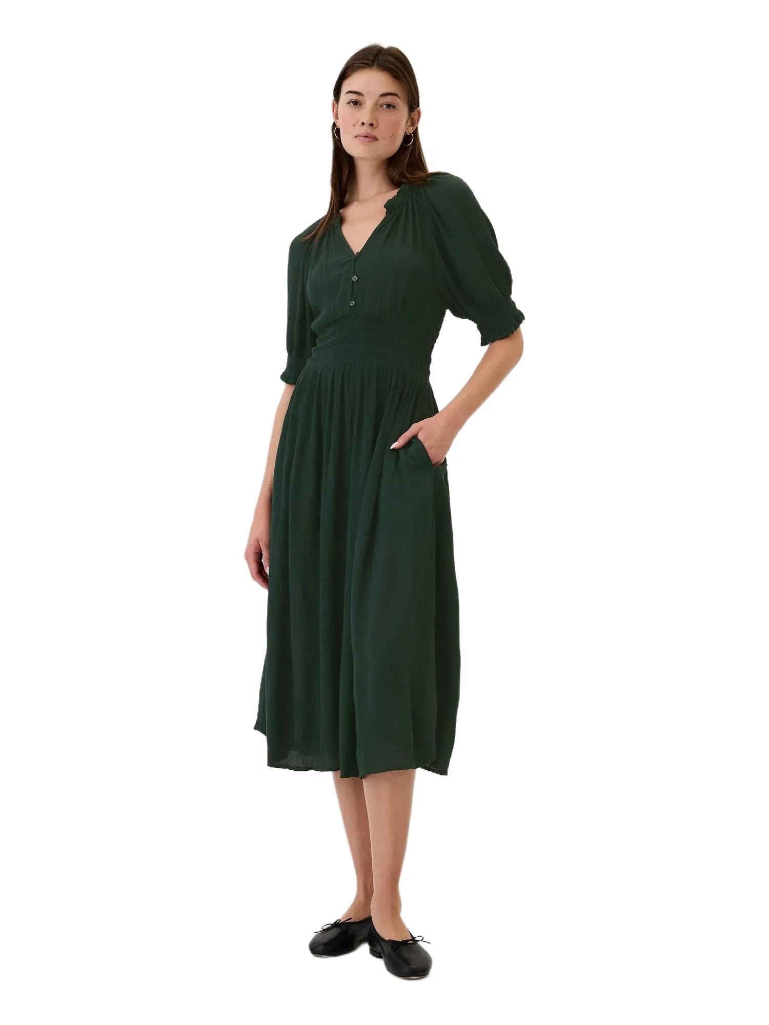 GAP Womens Short Sleeve Splitneck Midi Dress Essex Green XXL