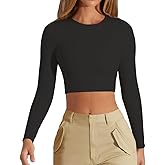 CUHUDA Women's Sexy Crew Neck Crop Top Long Sleeve Basic Fitted Tight Cropped T Shirts