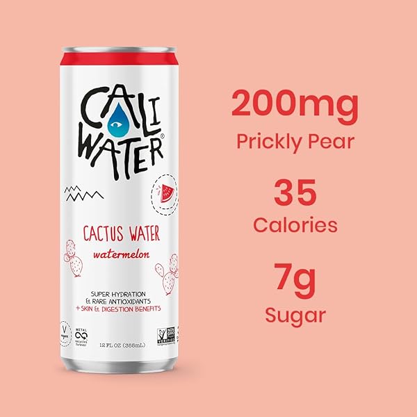 CALIWATER – ORGANIC CACTUS WATER – WATERMELON – 5G SUGAR, 35 CALORIES – HALF SUGAR OF COCONUT WATER – NATURAL PLANT BASED HYDRATION – SKIN CARE, ELECTROLYTE DRINKS – FLAVORED WATER BEVERAGES – 12 CANS