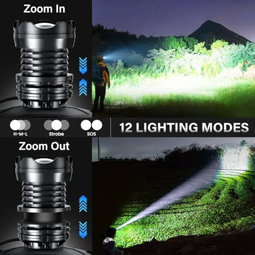 AKNEAR Rechargeable LED Headlamp Super Bright, 990000 High Lumens Head Lamp Zoomable, 25Dys+ Runtime & 12 Mode & Lightweight Comfort & 125° Adjustable Waterproof Head Light for Outdoor